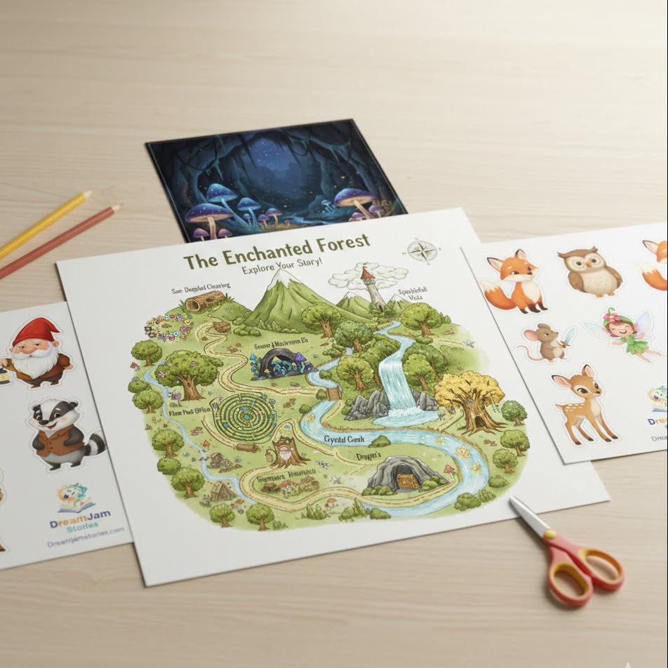 Materials including a map of 'The Enchanted Forest' and Character cutout on a wooden surface.