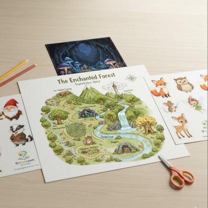 Materials including a map of 'The Enchanted Forest' and Character cutout on a wooden surface.
